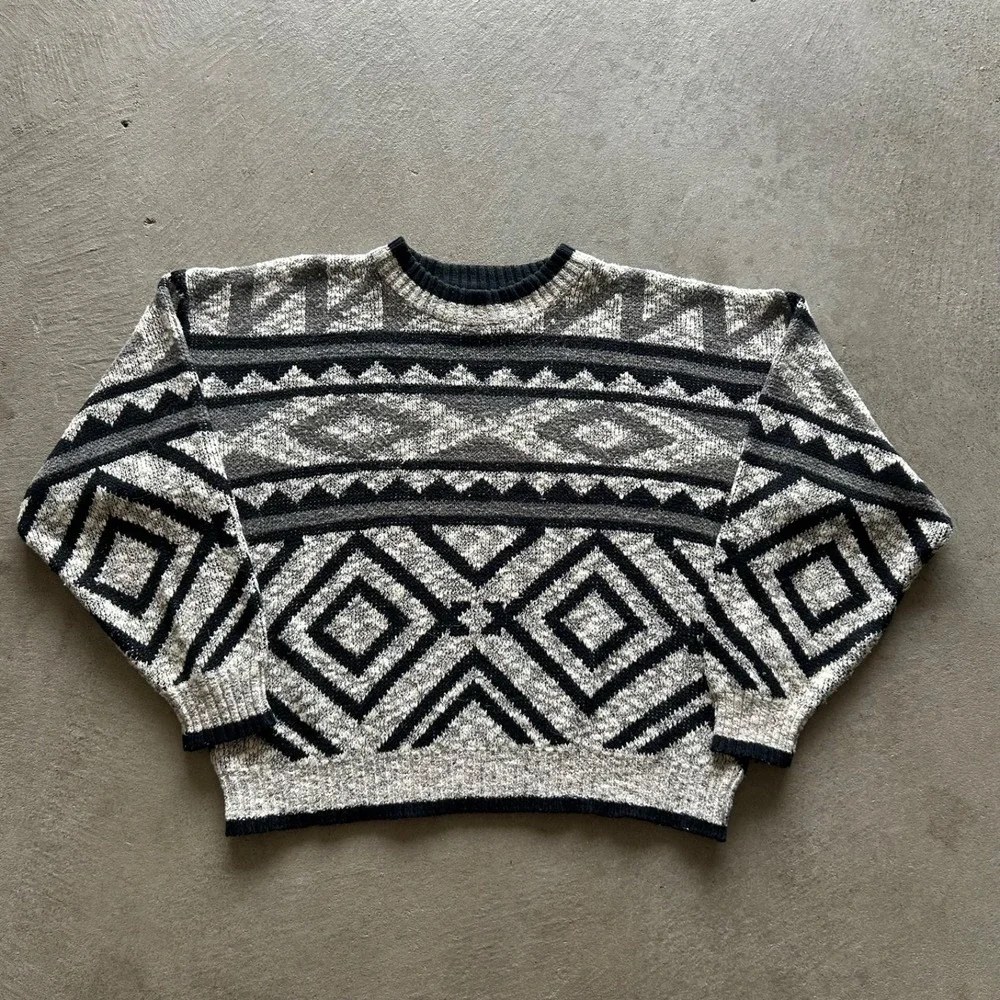 Vintage 80s‎ Diner Sportswear Sweater Size Large Black White Geometric Pullover